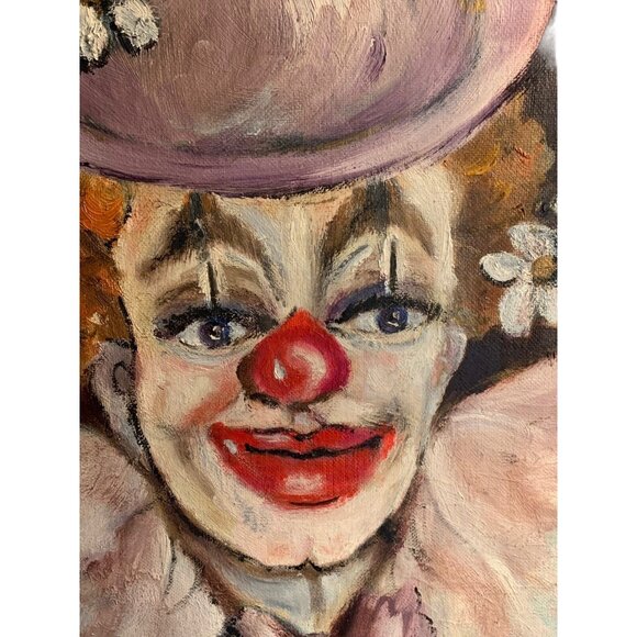 Vintage Oil On Canvas Clown Painting Artist Signed Raines? Original 14"x18" - Picture 1 of 11